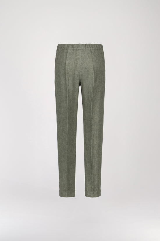 Pantalon en lin vert pale décontracté présente une taille froncée et de plis marqués élégants, une taille élastique et des poches italiennes.