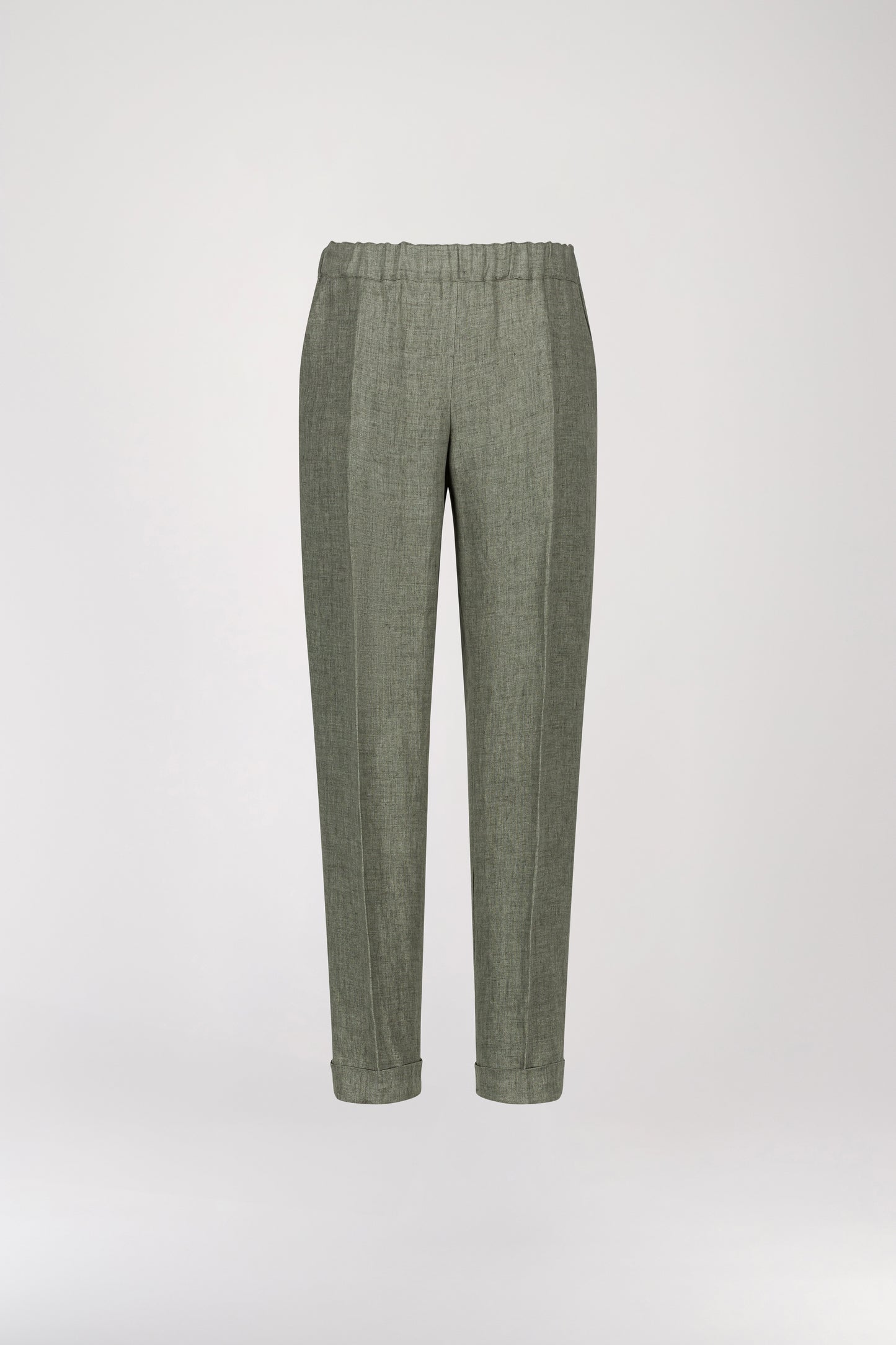 Pantalon en lin vert pale décontracté présente une taille froncée et de plis marqués élégants, une taille élastique et des poches italiennes.