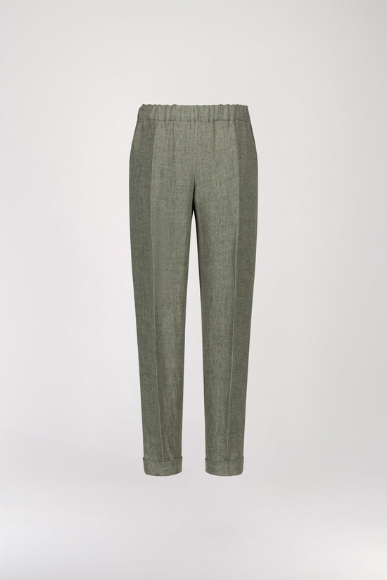 Pantalon en lin vert pale décontracté présente une taille froncée et de plis marqués élégants, une taille élastique et des poches italiennes.