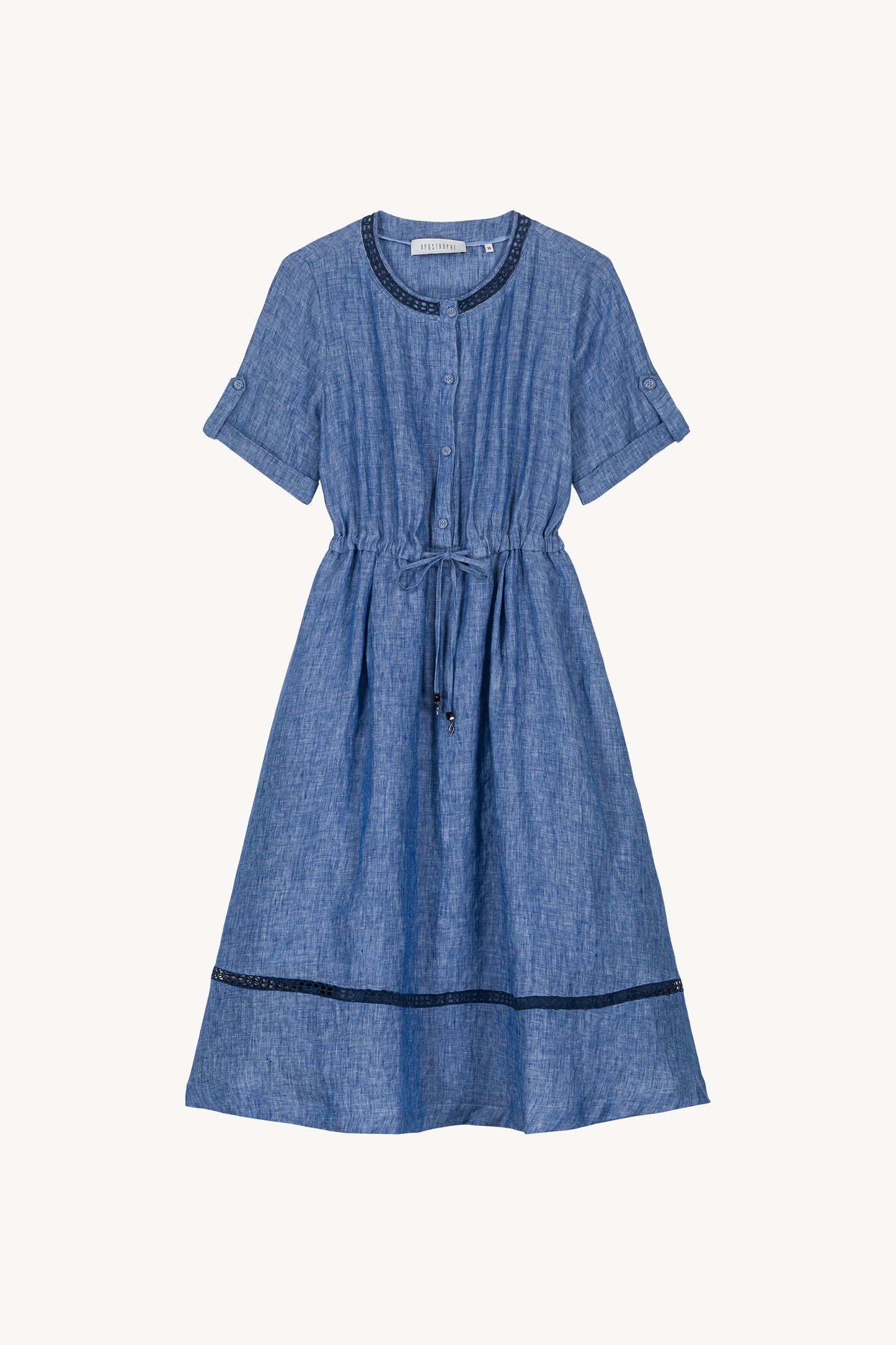 Robe brodé en lin bleu doté d'une coupe évasée et de broderie col et bas vêtement.
