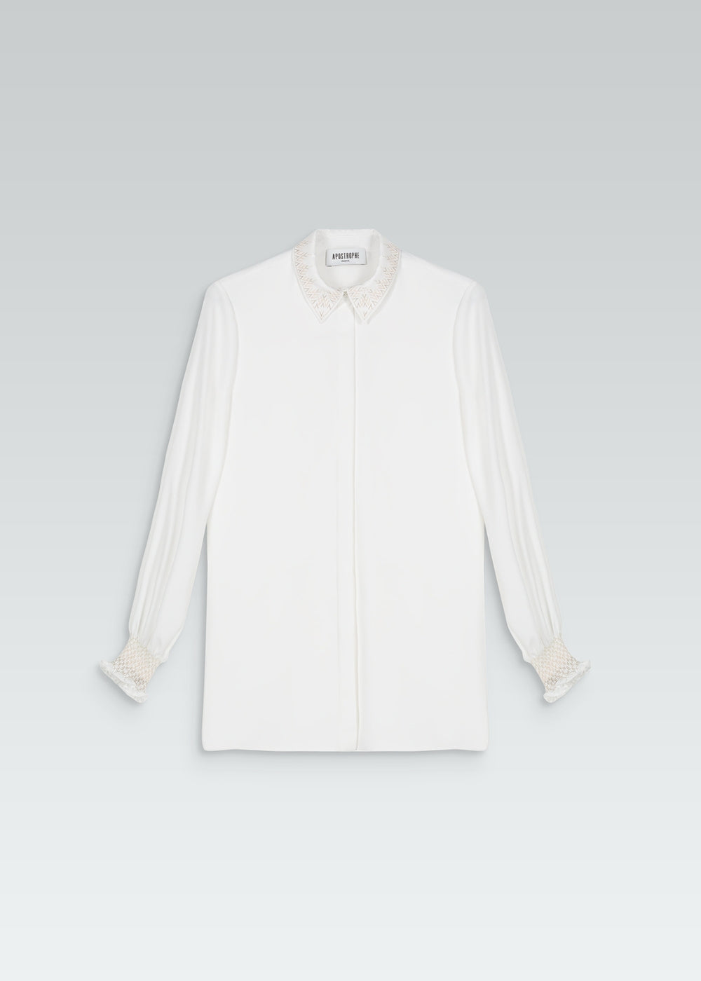 Chemise manches bouffantes froncées blanc avec détails col et manches brodés