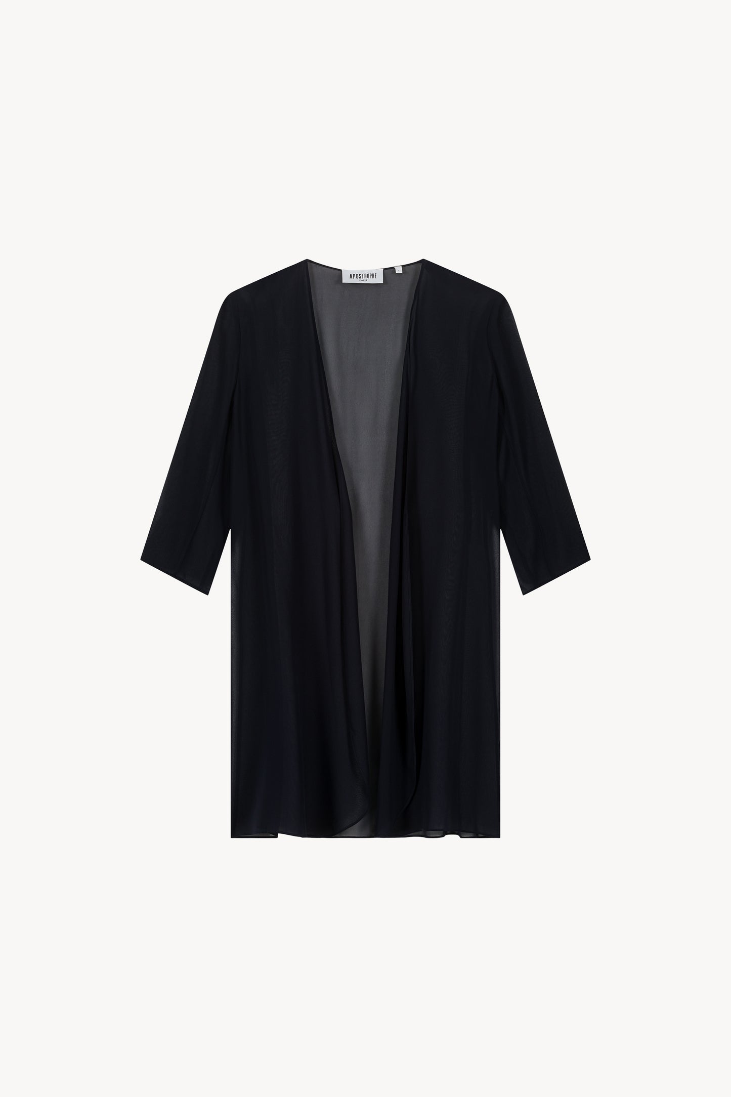 Gilet en mousseline de soie marine à coupe fluide, avec des manches 3/4 élégantes. Son tissu léger et transparent présente des bords surpiqués et un effet froncé, ajoutant une touche de chic.