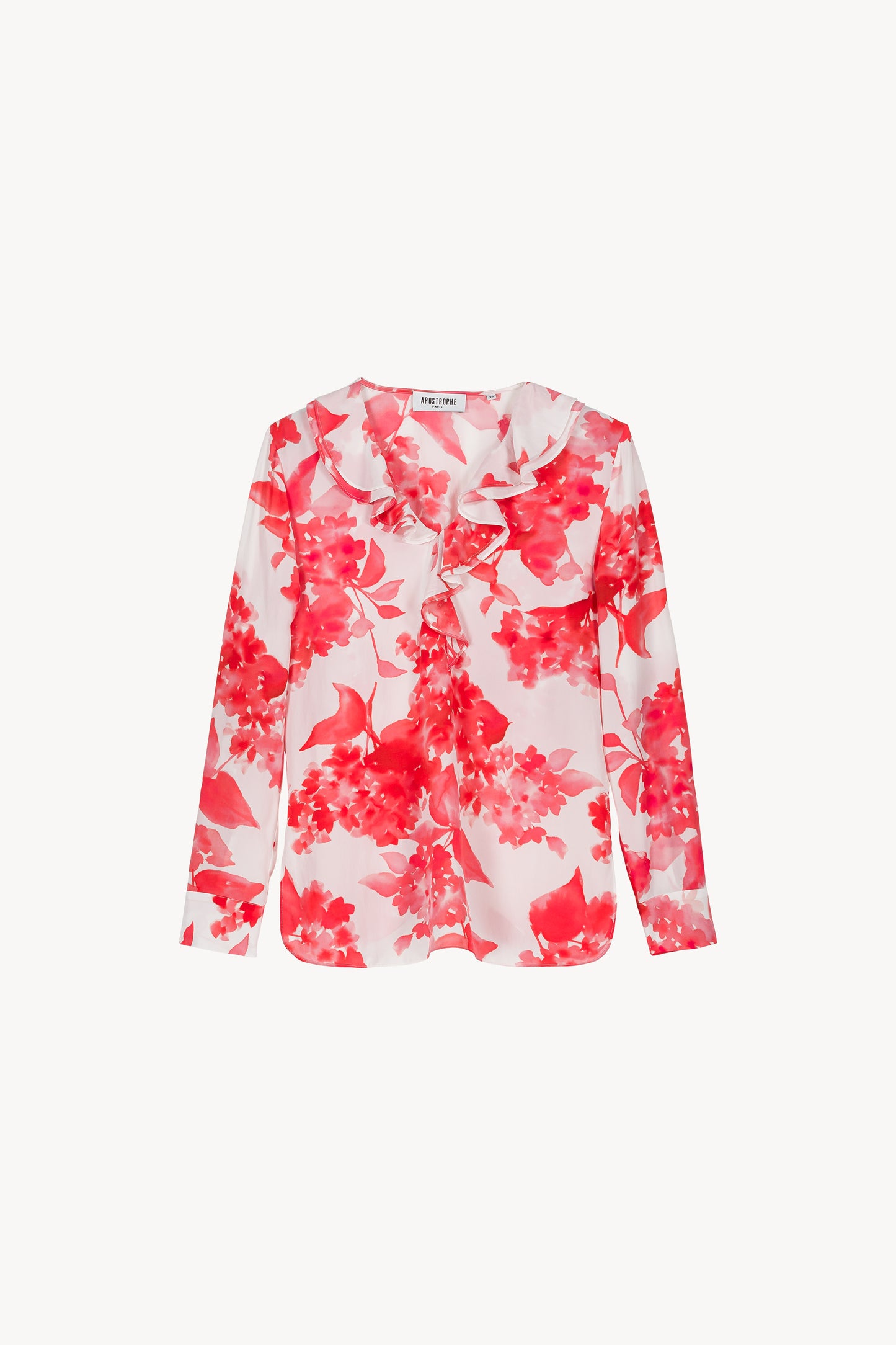 Blouse à volants fleuris corail, fluide et élégante, avec col en V et volants délicats. 