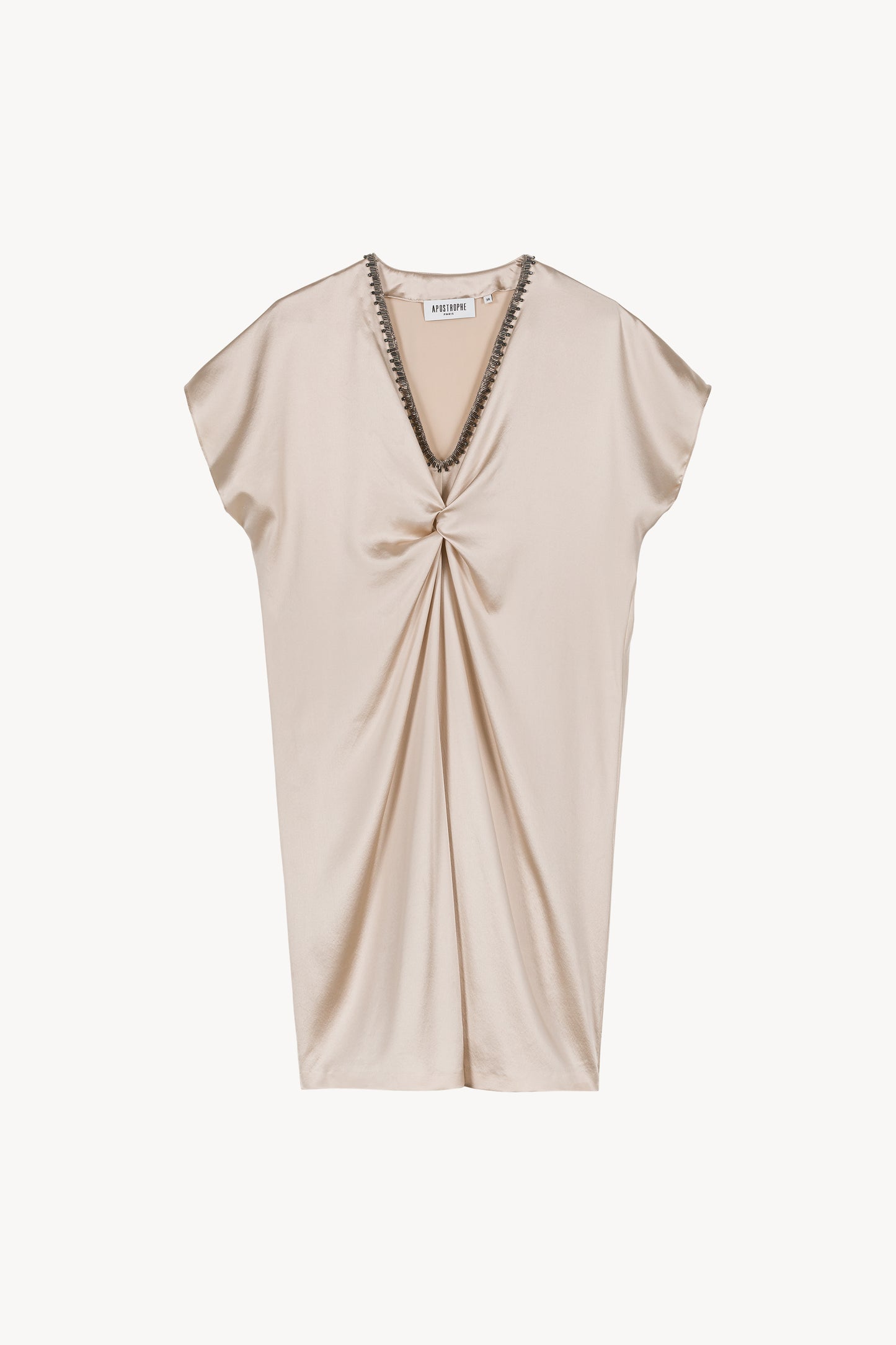 Robe brodée de perles en soie or, au tissu fluide et soyeux. Elle présente un col en V orné de perles et un détail froncé à l'avant, apportant une touche chic et élégante pour les occasions spéciales.
