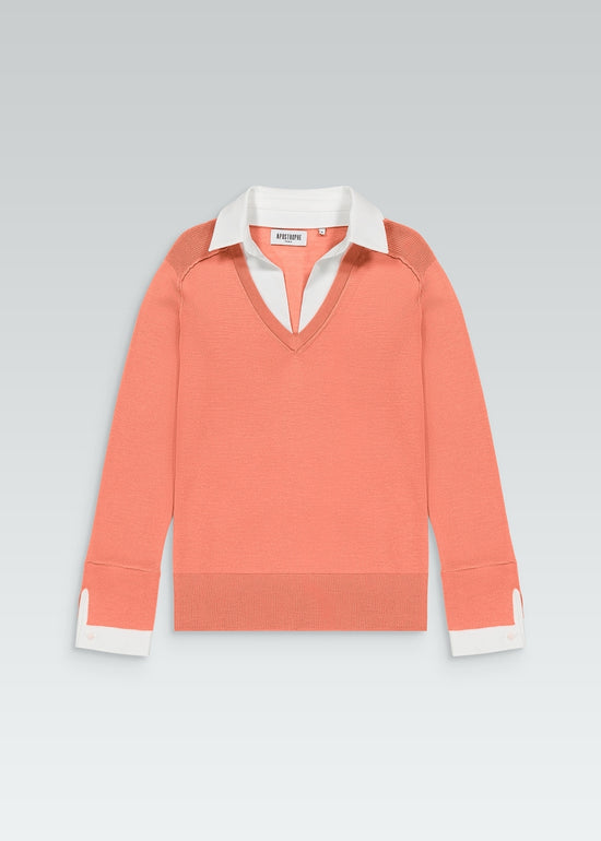 Pull chemise trompe-l'œil orange avec popeline qui depasse sur col V et manches et détails côtelés bords