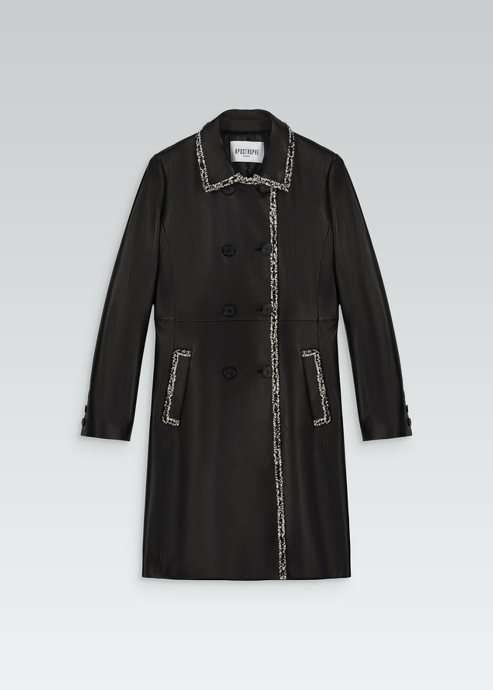 Manteau mi-long en cuir noir détails en tweed beige poches latérales et double boutonnage