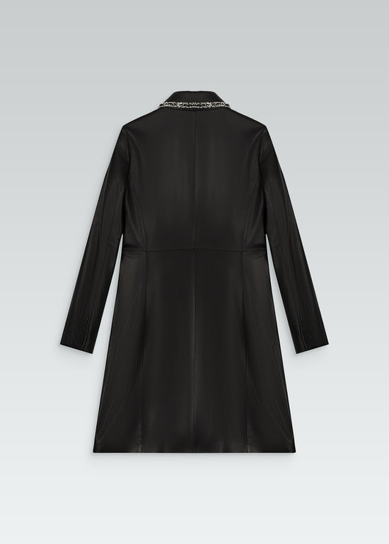 Manteau mi-long en cuir noir détails en tweed beige poches latérales et double boutonnage