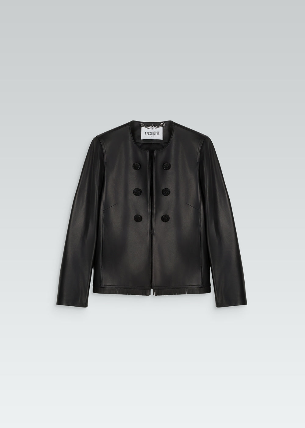 Veste courte en cuir noir avec 6 boutons à l'avant, détails franges dos et bords