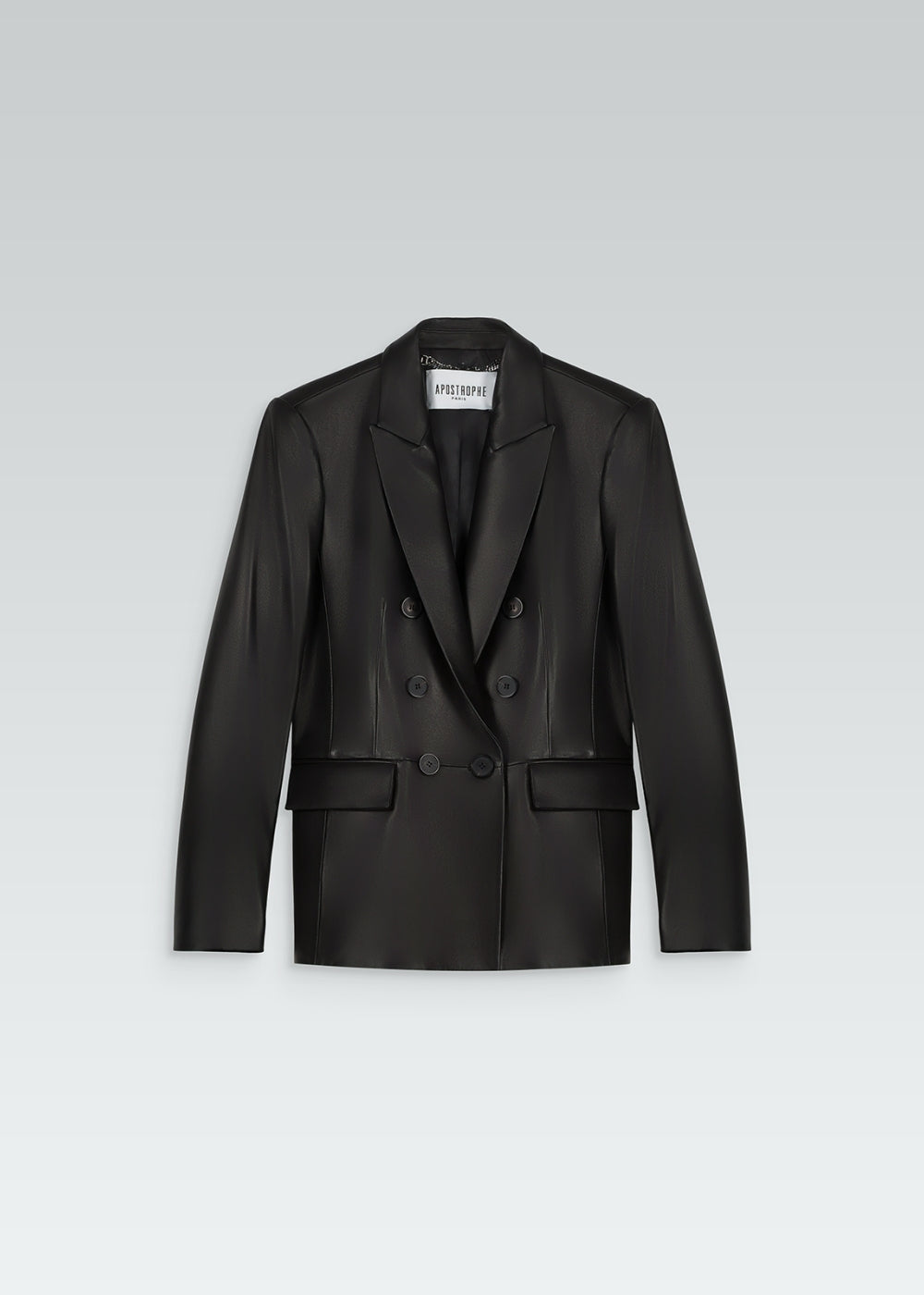 Veste tailleur en cuir noir avec col tailleur, poches à rabat et 6 boutons 