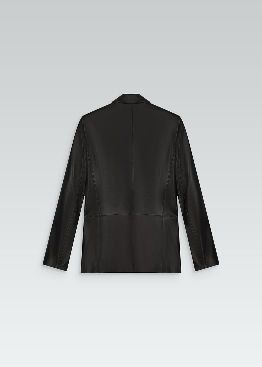 Veste tailleur en cuir noir avec col tailleur, poches à rabat et 6 boutons 