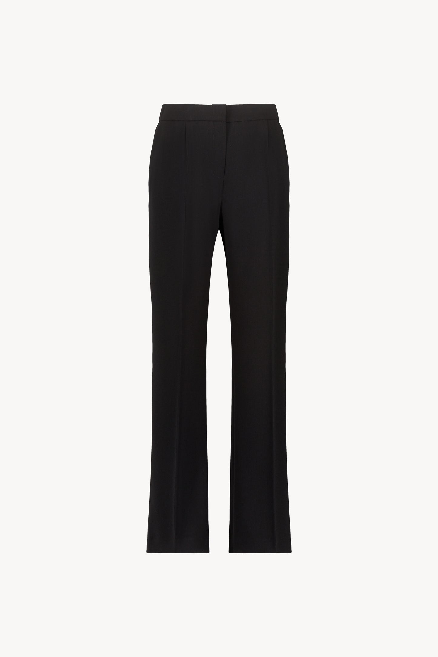 Pantalon droit noir élégant avec ceinture élastique intérieure, poches italiennes et braguette classique.