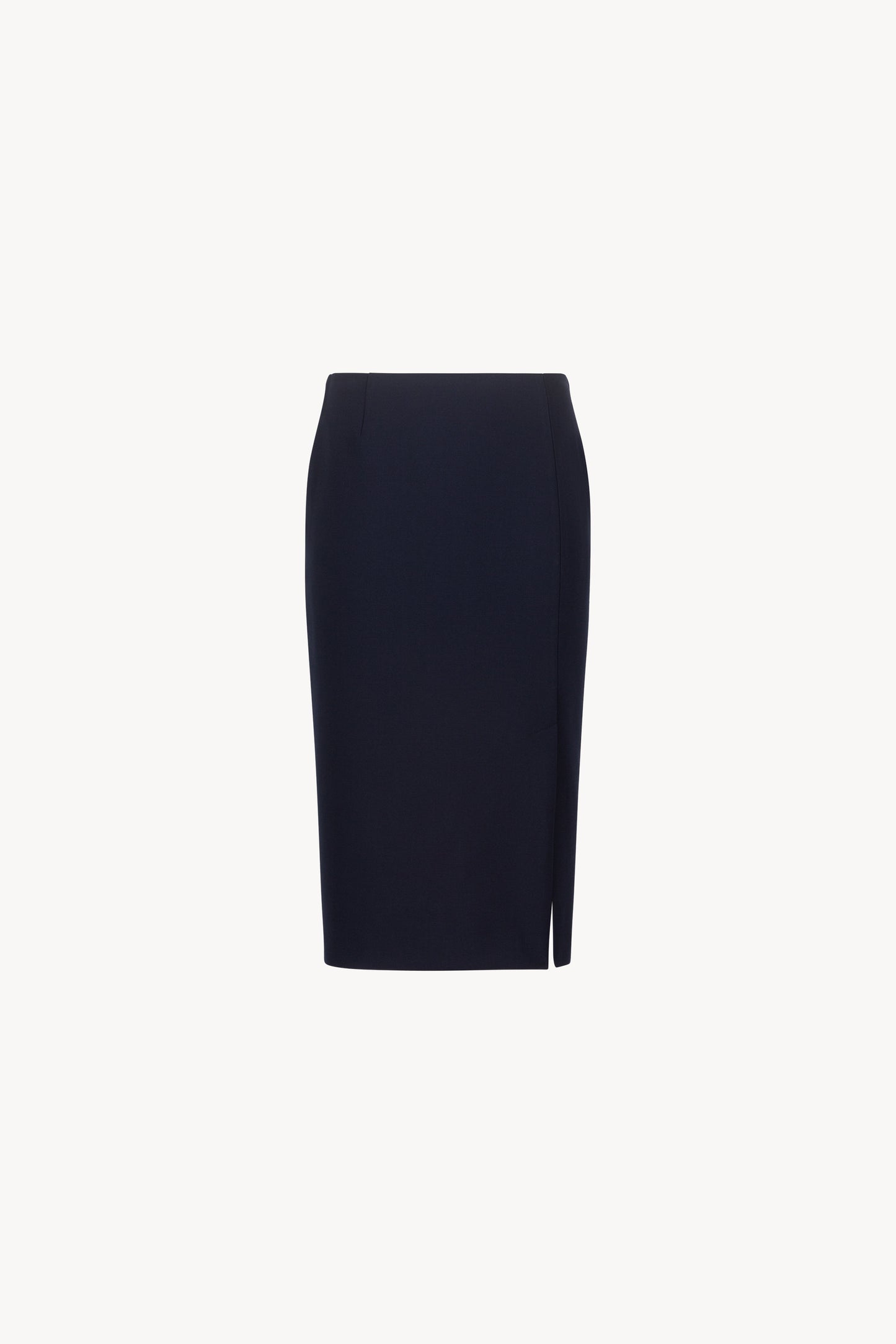 Jupe droite bleu marine longueur genou, fente côté et pinces à la taille.