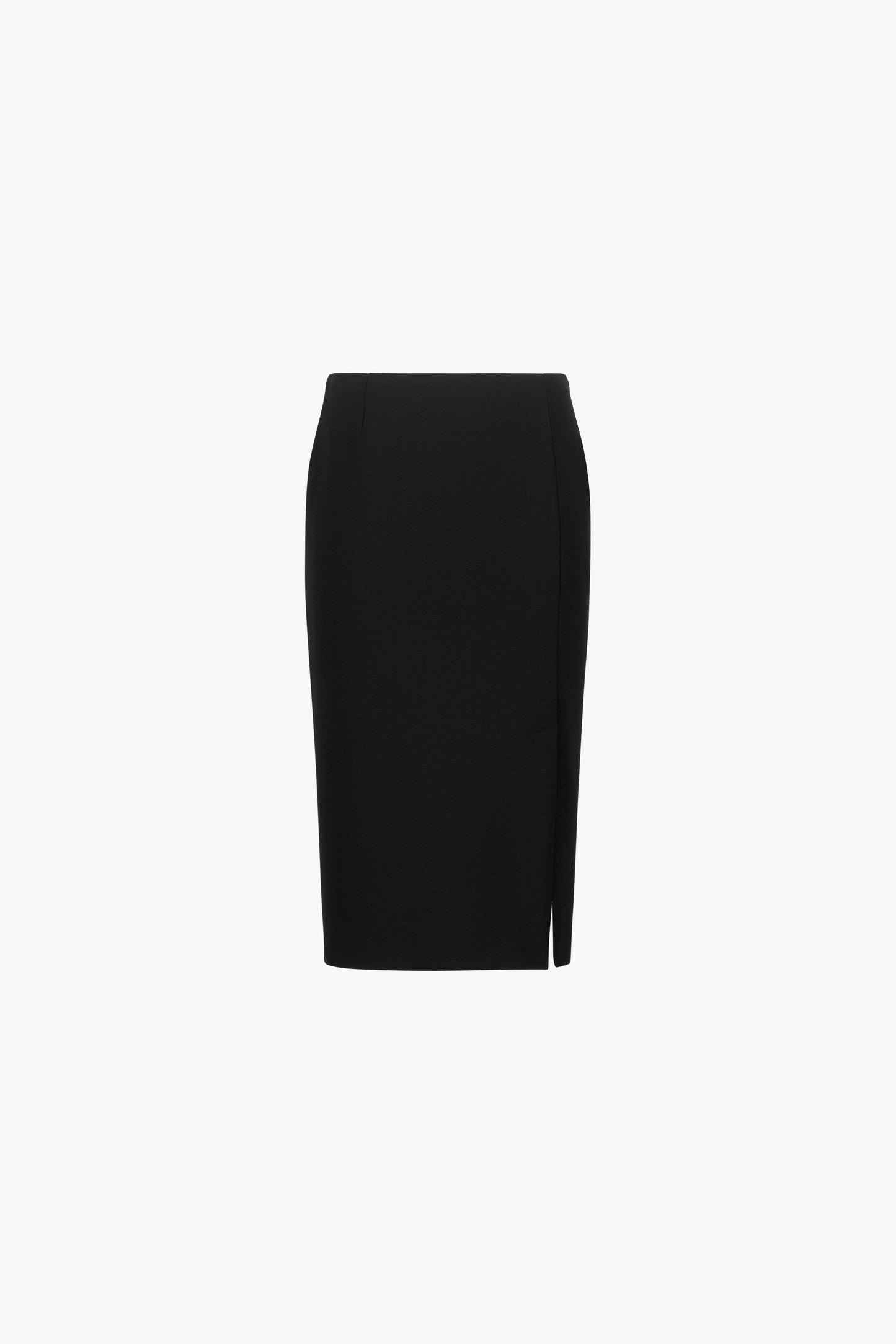 Jupe noire droite longueur genou, avec fente latérale et pinces à la taille.