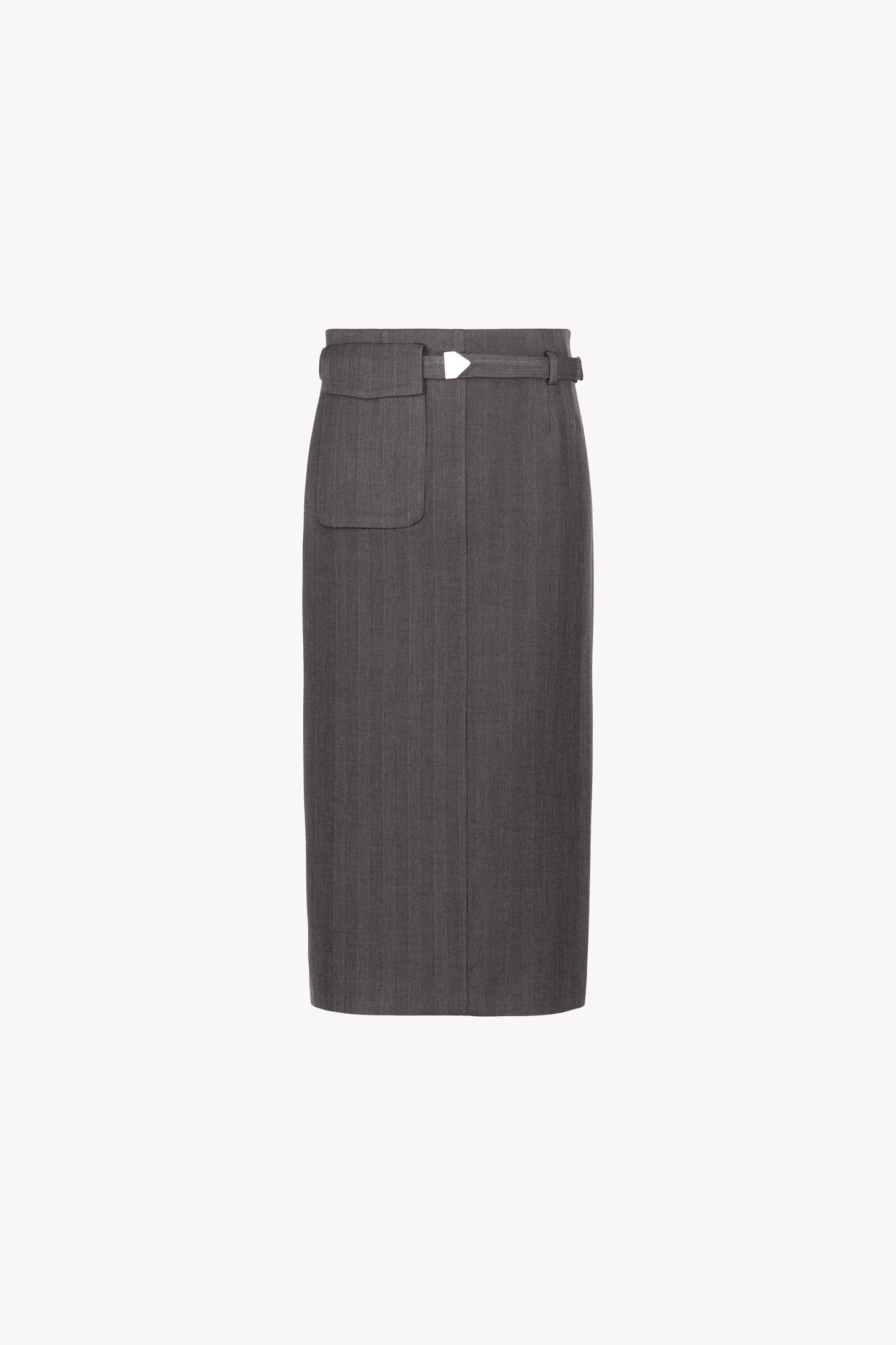 Cette jupe mi-longue gris moyen offre une coupe droite élégante, une fente arrière fluide et une ceinture moderne avec boucle en métal.