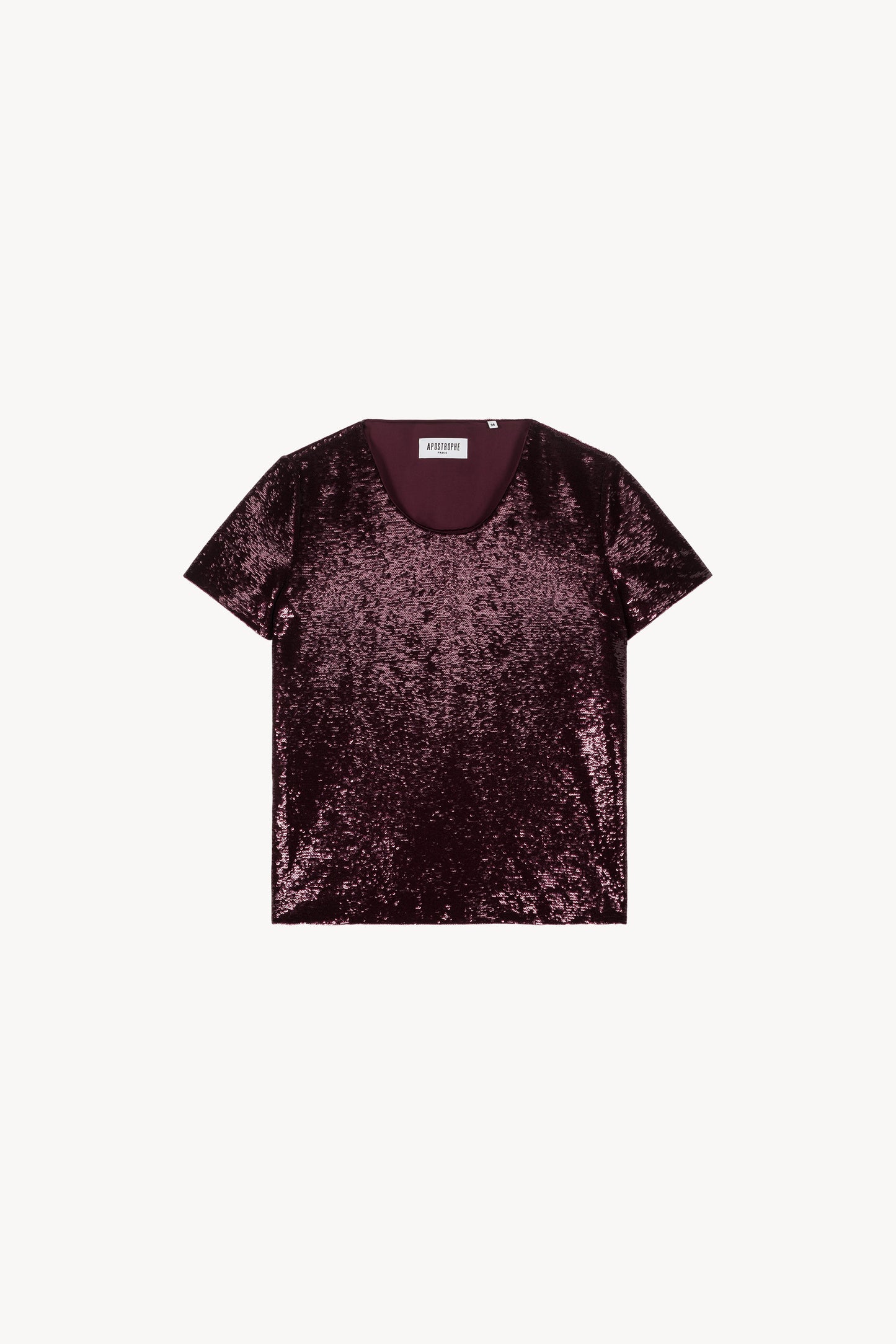 T-shirt à sequins grenat présentant un col rond et des manches courtes