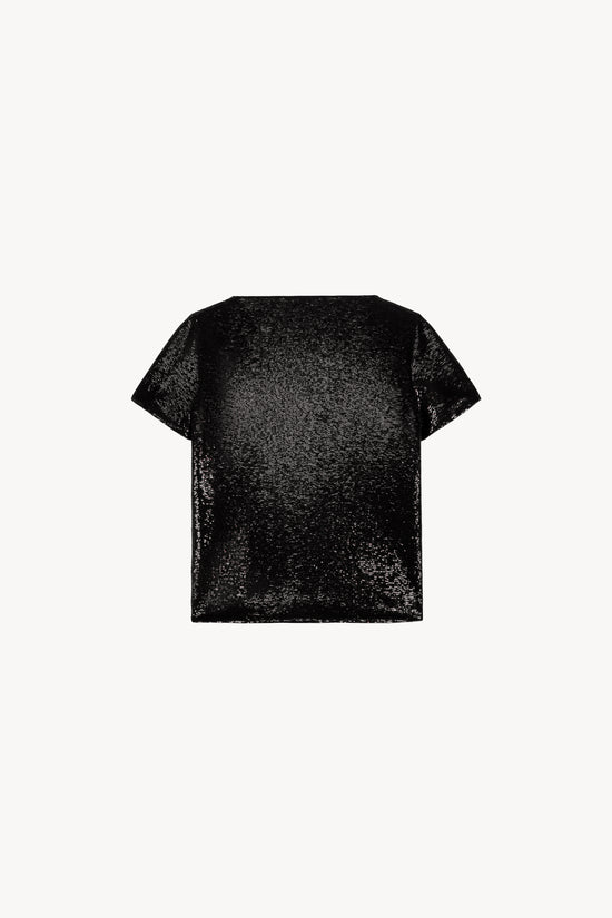 T-shirt à sequins noir avec un col rond et des manches courtes