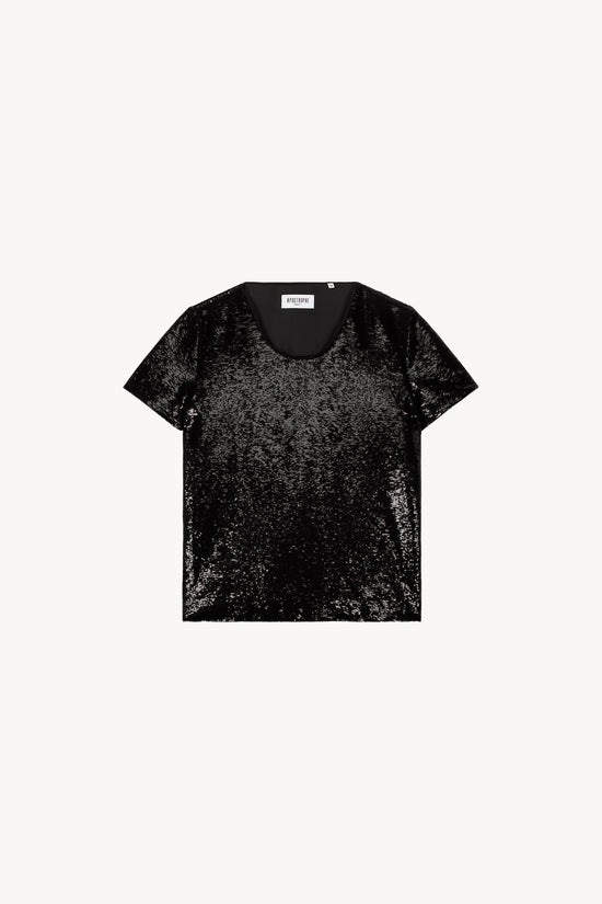T-shirt à sequins noir avec un col rond et des manches courtes