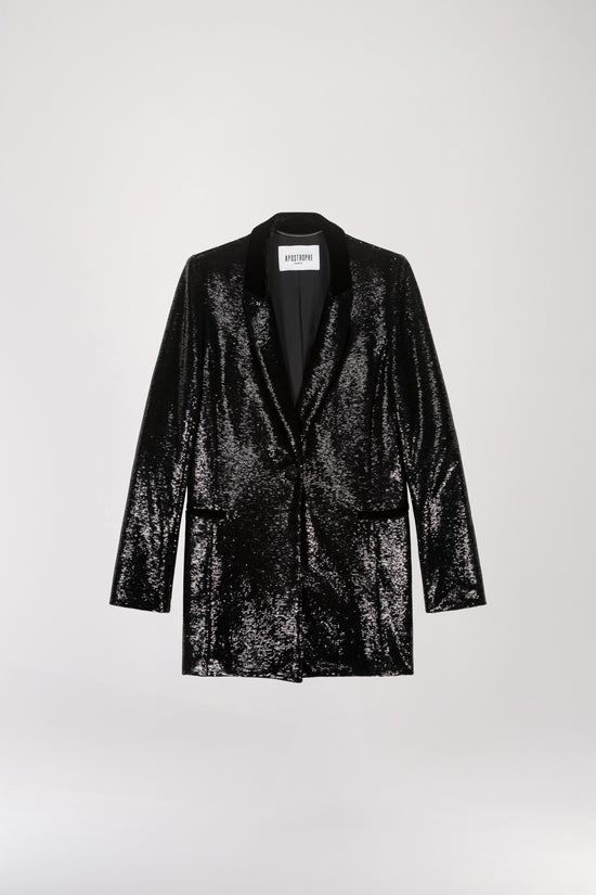 Veste de tailleur à sequins noirs ornée d'un col en velours, de poches passepoilées en velours et d'un boutonnage simple.