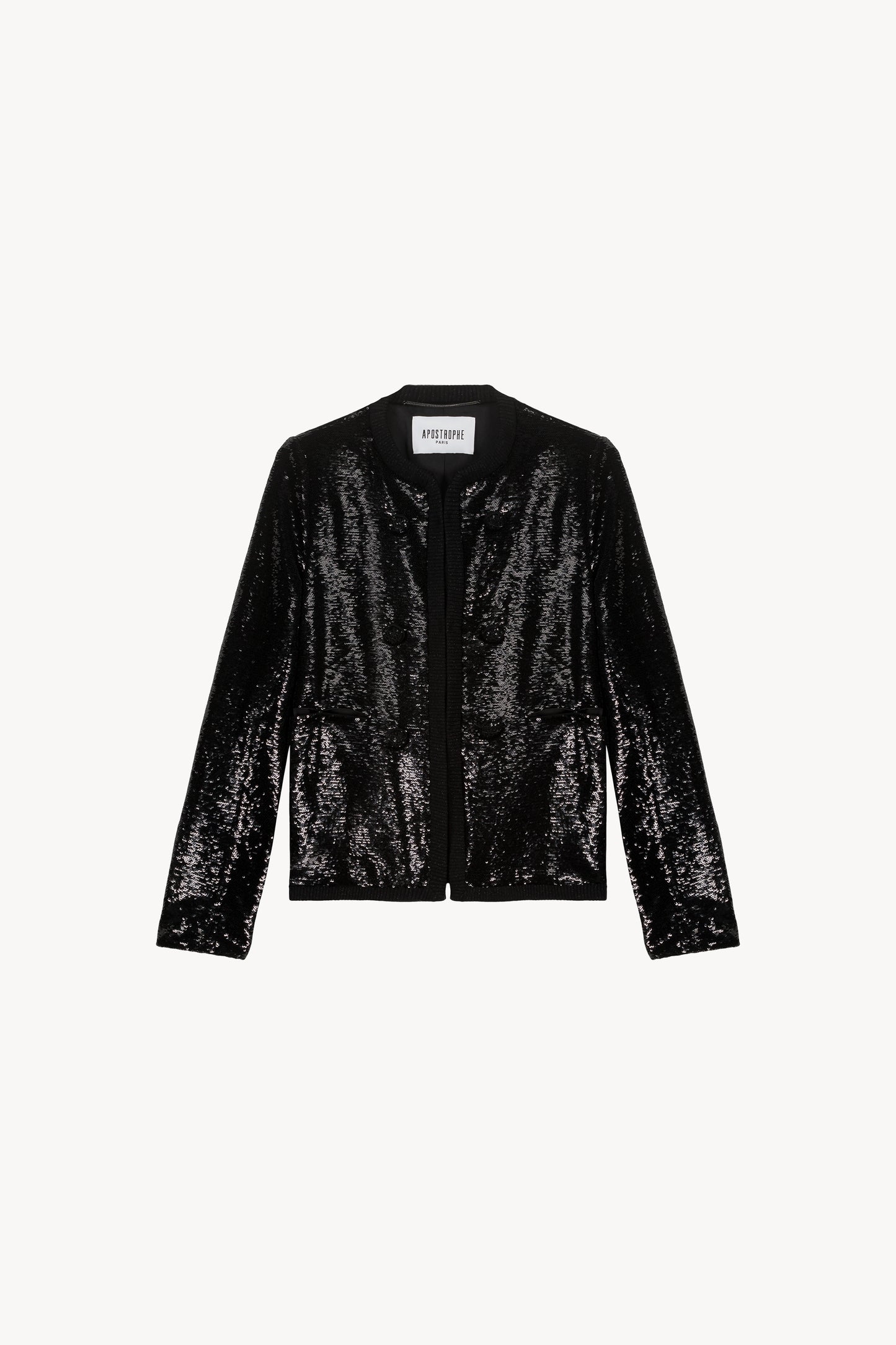 Veste courte à sequins noirs ornée d'un col rond, de boutons brodés, de poches passepoilées et de bordures côtelées