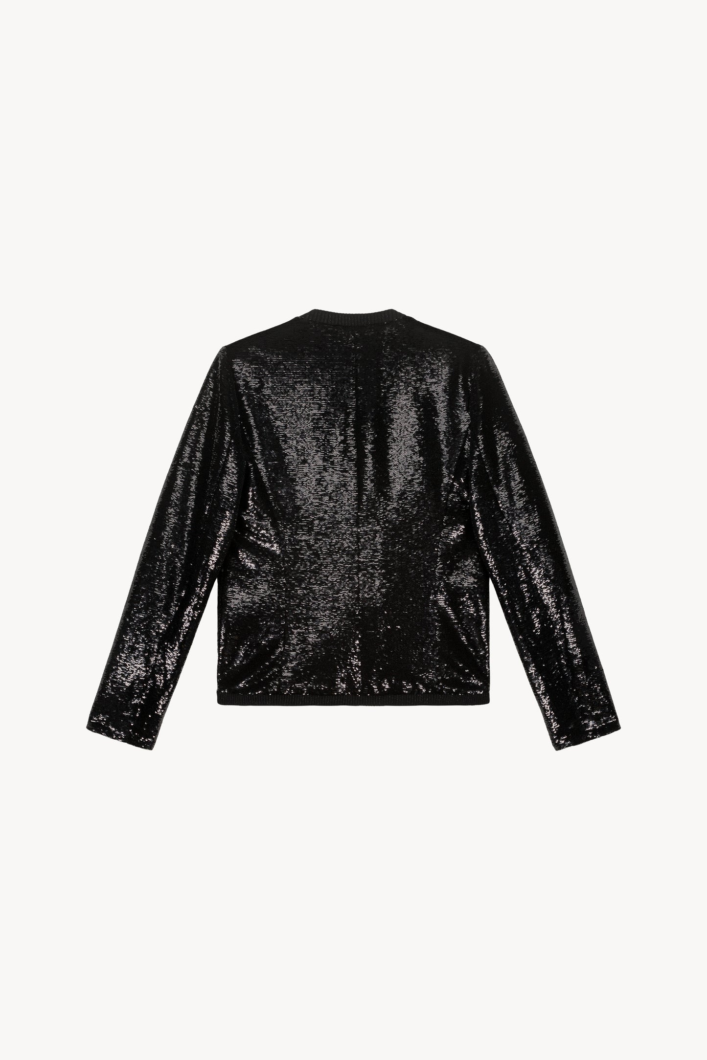 Veste courte à sequins noirs ornée d'un col rond, de boutons brodés, de poches passepoilées et de bordures côtelées