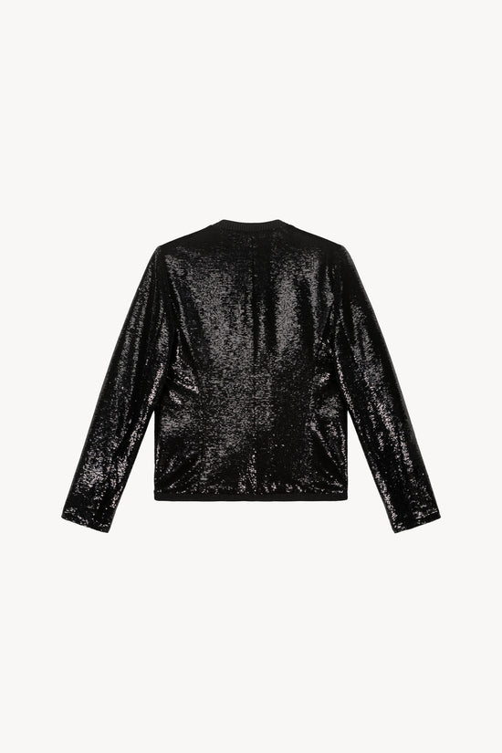 Veste courte à sequins noirs ornée d'un col rond, de boutons brodés, de poches passepoilées et de bordures côtelées