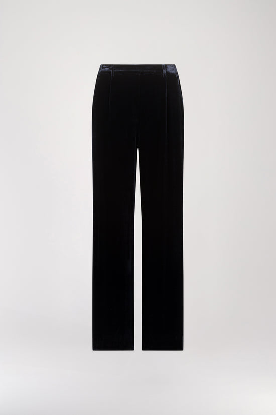 Navy Blue Silk Velvet Straight Leg Trousers