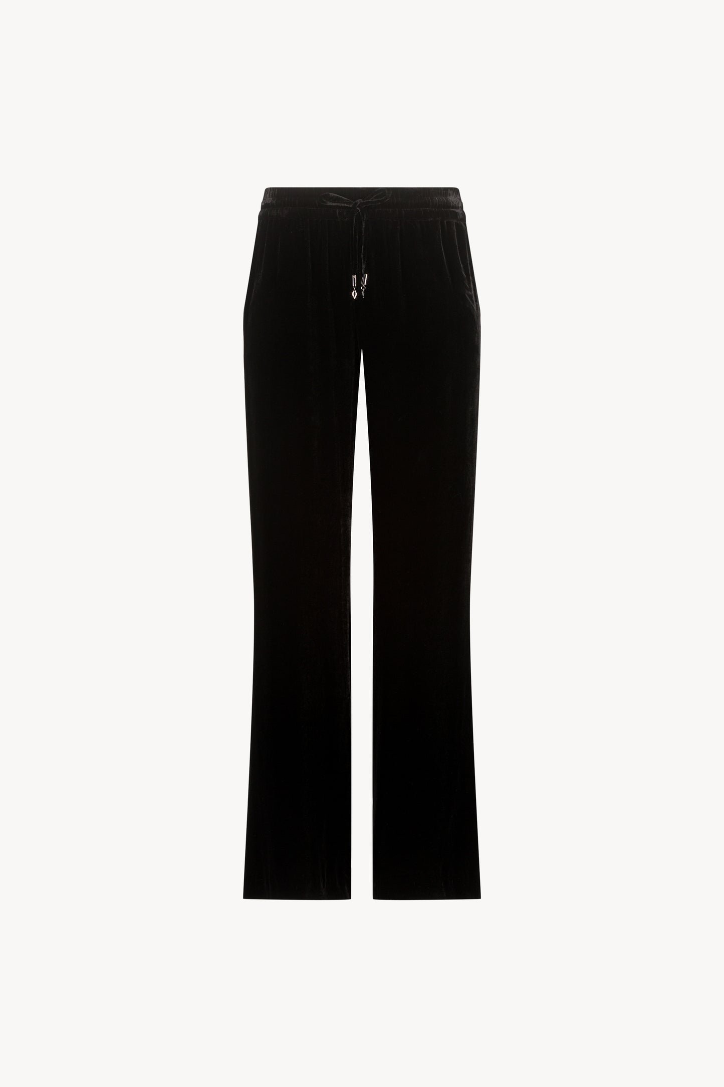 Pantalon taille haute velours noir orné d’une taille élastique avec des cordons de serrage avec les embouts bijoux iconiques Apostrophe et des poches pratiques.
