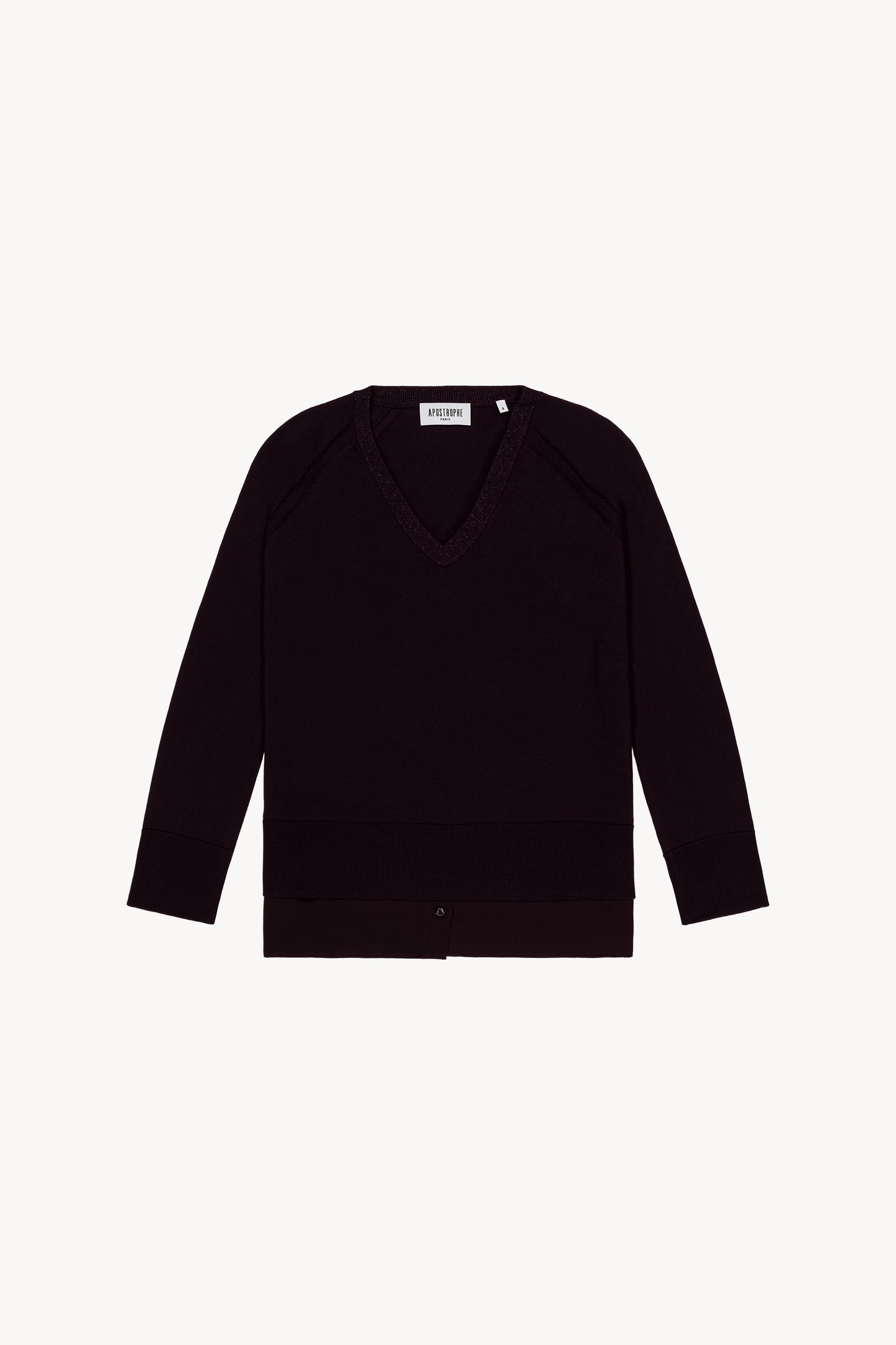 Pull chemise grenat orné d'un col en V pailletés, des manches longues et d'un monogramme Apostrophe brodé.