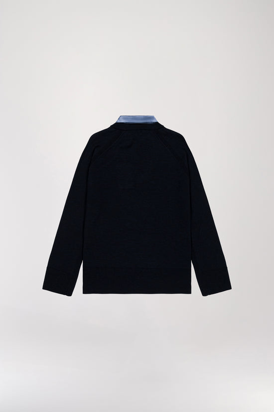 Pull Bi-matière Bleu Marine avec Col Chemise