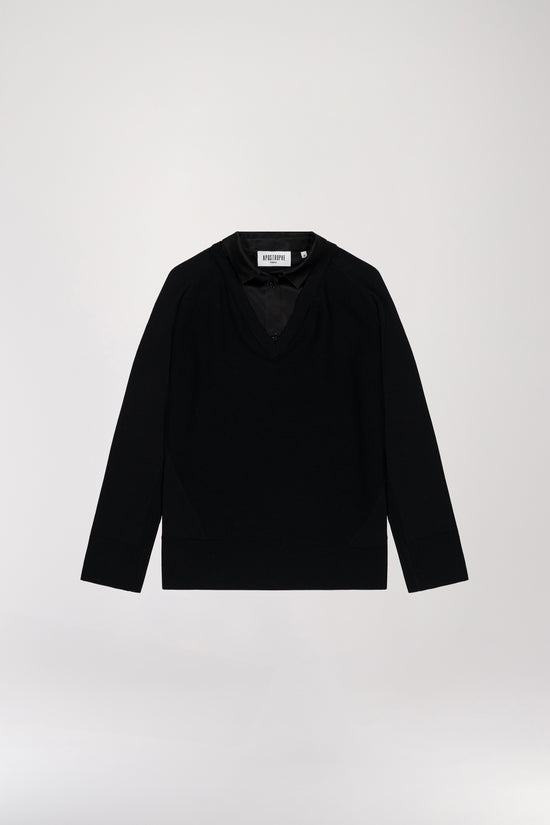 Pull Bi-matière Noir avec Col Chemise