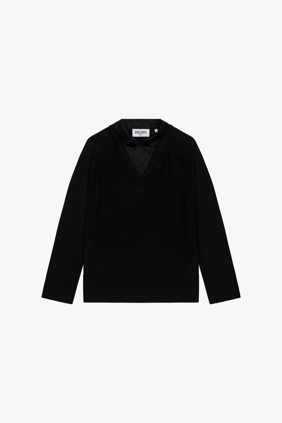Pull noir en laine et satin de soie, col chemise ouvert et détails satinés aux poignets, bas et col.