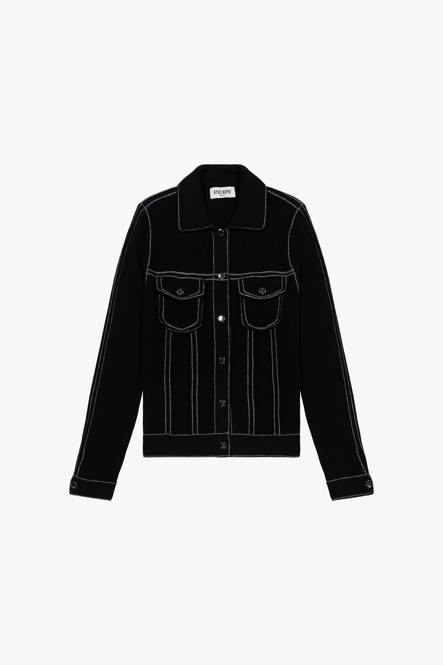 Veste en cachemire effet jean avec col chemise classique et les lignes colorées 