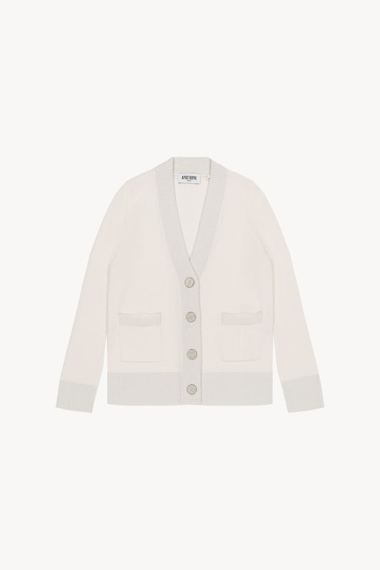 Cardigan blanc cassé à manches basses, avec bord côtelé et poches plaquées embossées.
