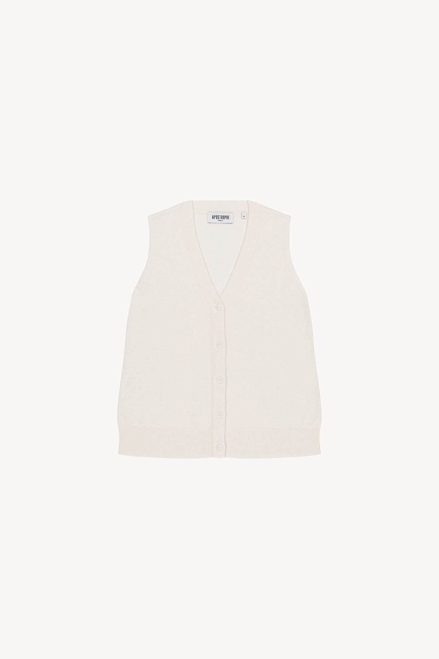 Gilet blanc casse sans manches, épuré, avec col V et  finitions embossées et tubulaires.