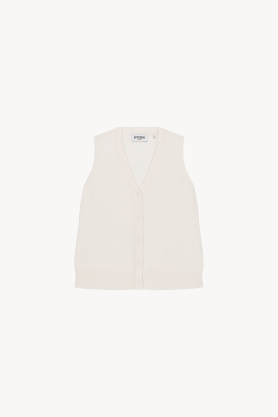 Gilet blanc casse sans manches, épuré, avec col V et  finitions embossées et tubulaires.