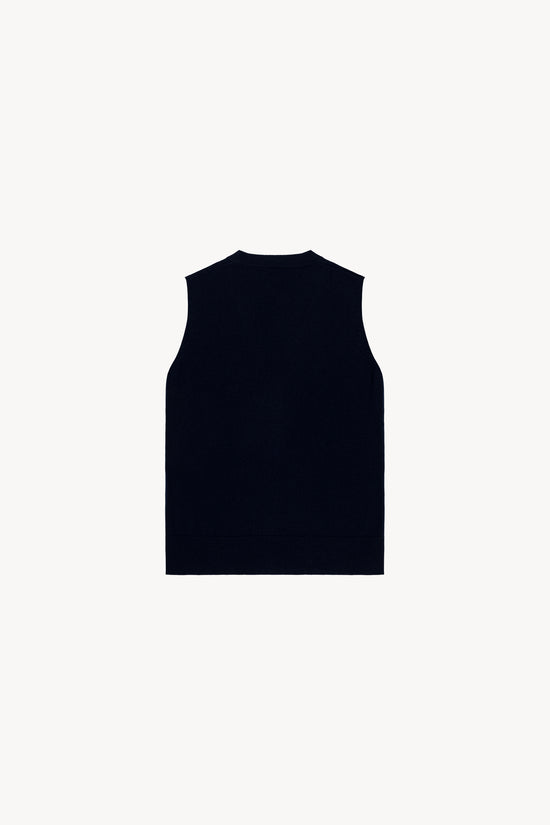Gilet bleu marine sans manches , avec col V et finitions embossées et tubulaires