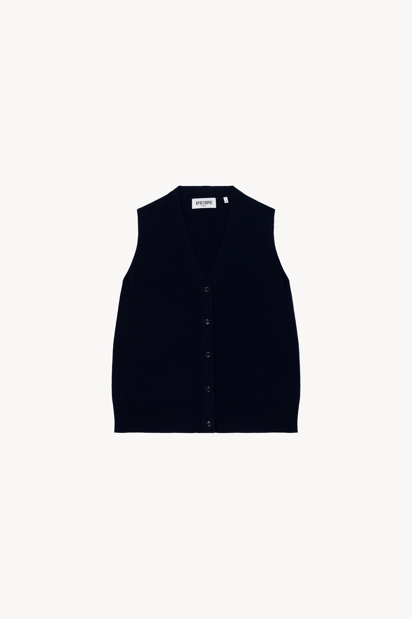 Gilet bleu marine sans manches, épuré, avec col V et élégantes finitions embossées et tubulaires.