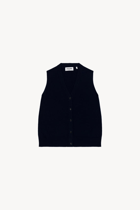 Gilet bleu marine sans manches, épuré, avec col V et élégantes finitions embossées et tubulaires.