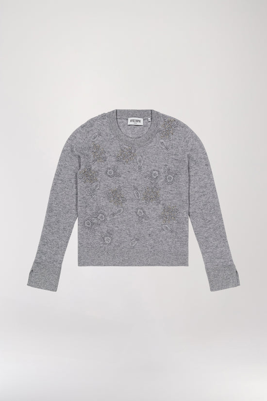 Pull en laine à fleurs gris clair