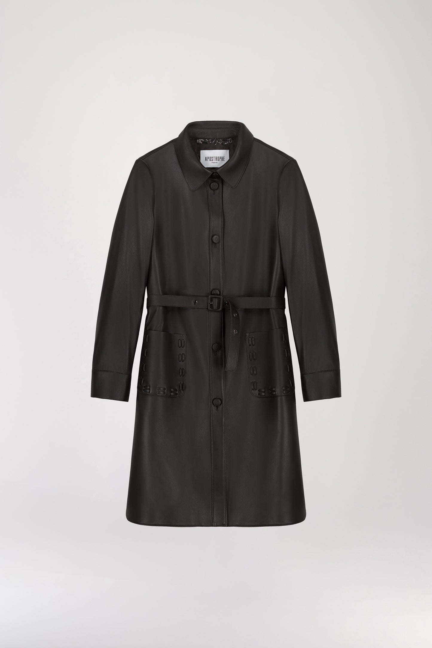 Manteau chemise mi-long en cuir ebene