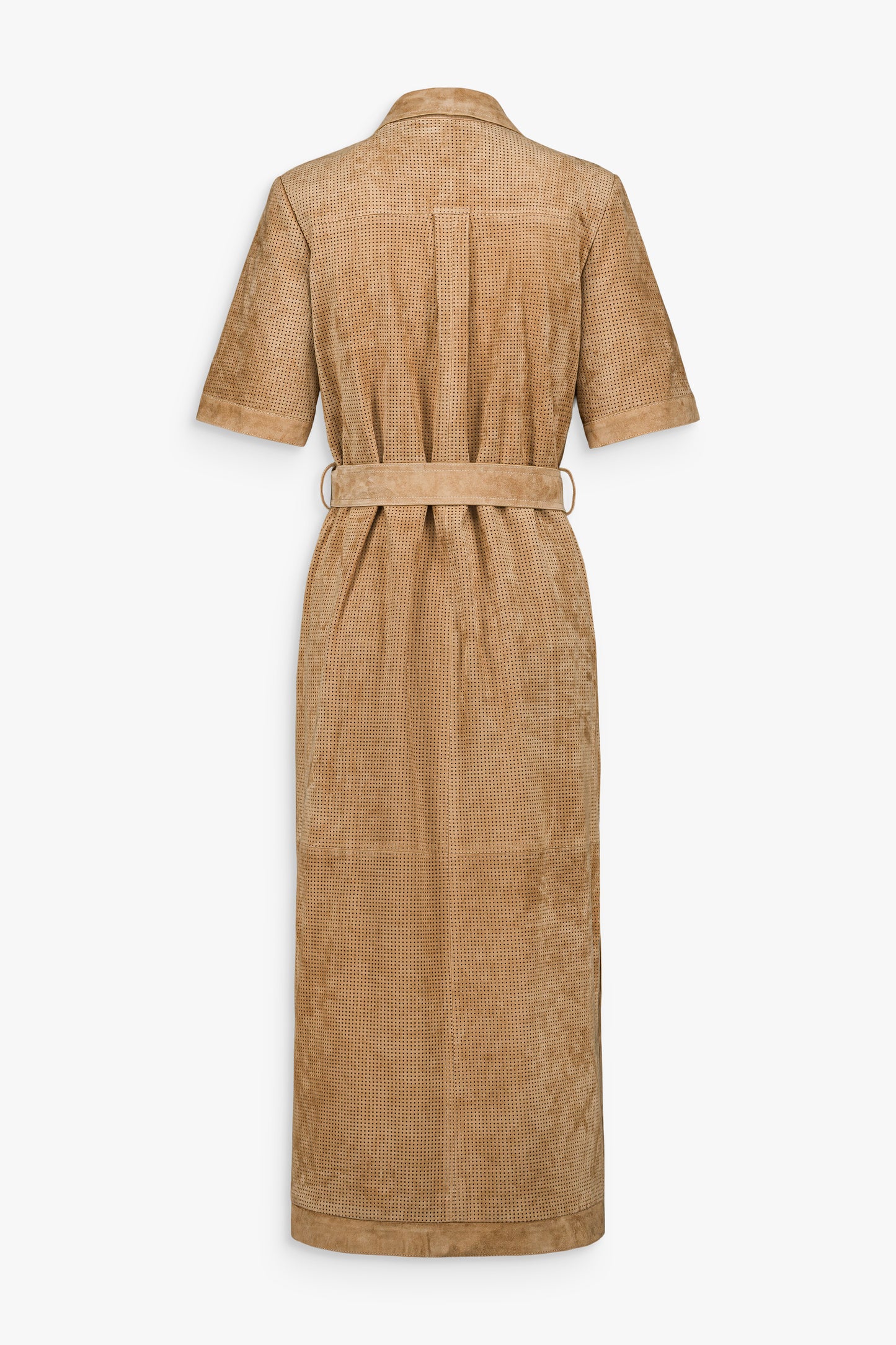 Robe structurée en daim beige perforé avec poches poitrine et silhouette droite.
