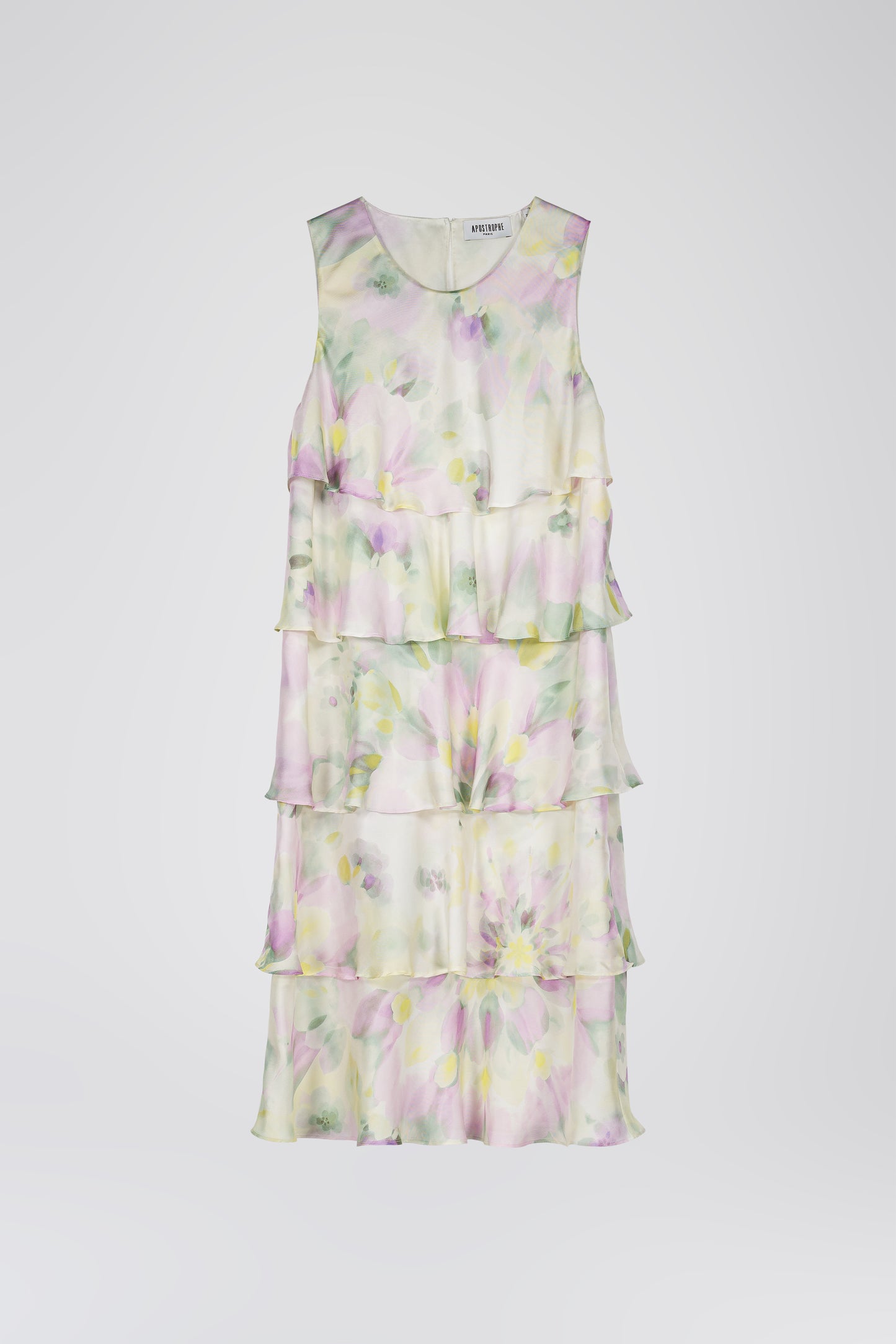 Robe mi-longue en twill de soie psychédélique, avec des volants fluides et une découpe en goutte au dos .