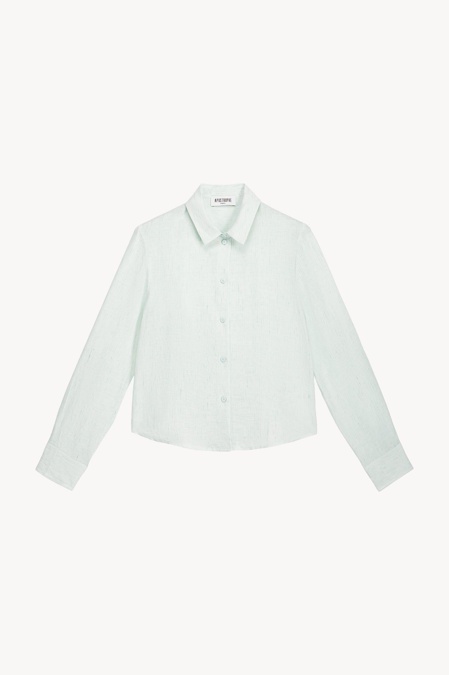 Chemise courte en lin vert d'eau avec ses rayures délicates. Les boutons en nacre et la patte apparente ajoutent une touche de sophistication 