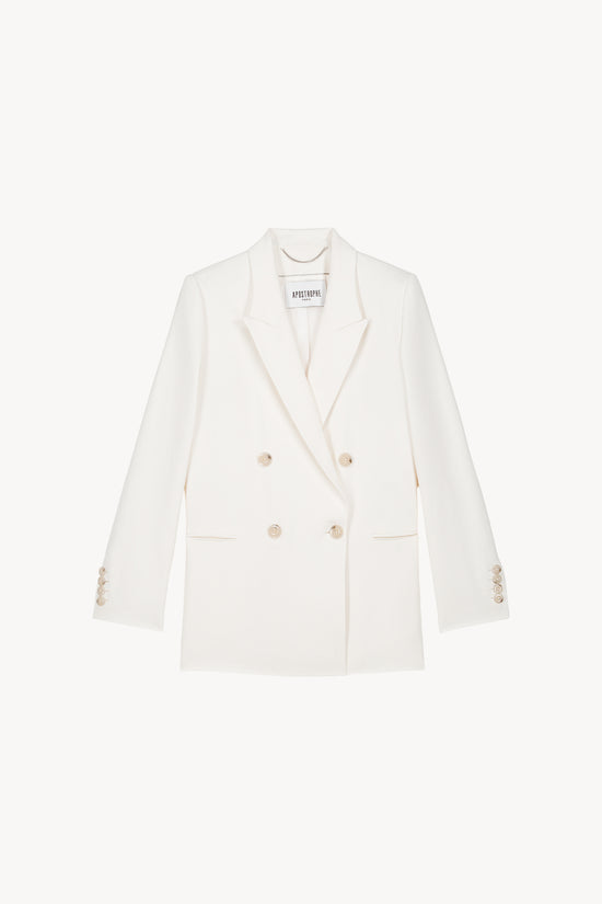Veste tailleur croisée blanche en lin, élégante et moderne, parfaite pour toutes les occasions.