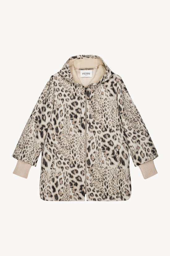 Mid-length ebony jacquard parka with knitted cuff and hood