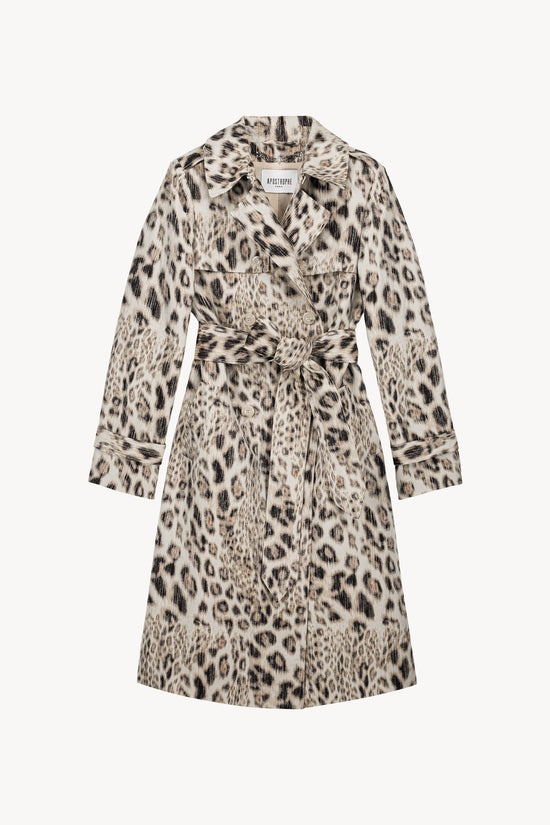 Mid-length ebony jacquard trench coat with knotted belt