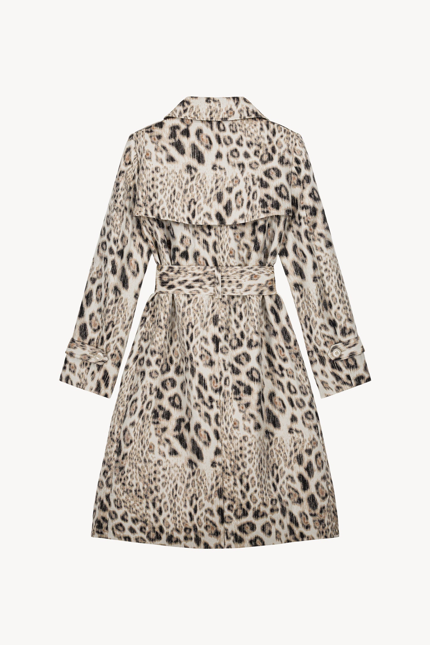 Mid-length ebony jacquard trench coat with knotted belt