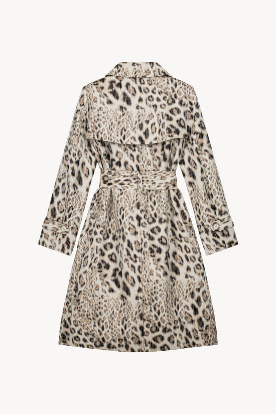 Mid-length ebony jacquard trench coat with knotted belt
