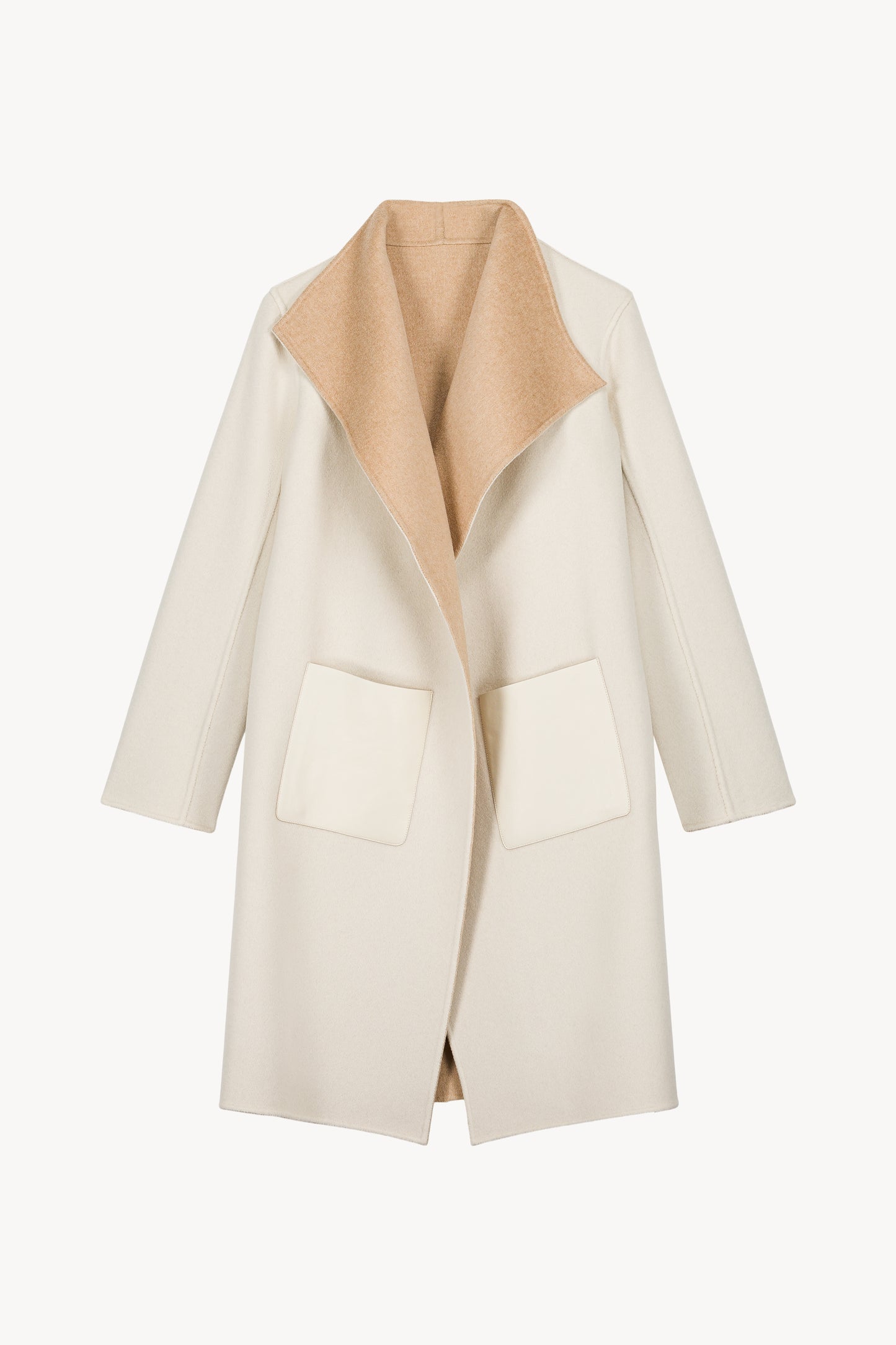 Manteau réversible en laine et cachemire avec coupe structurée et vol large.
