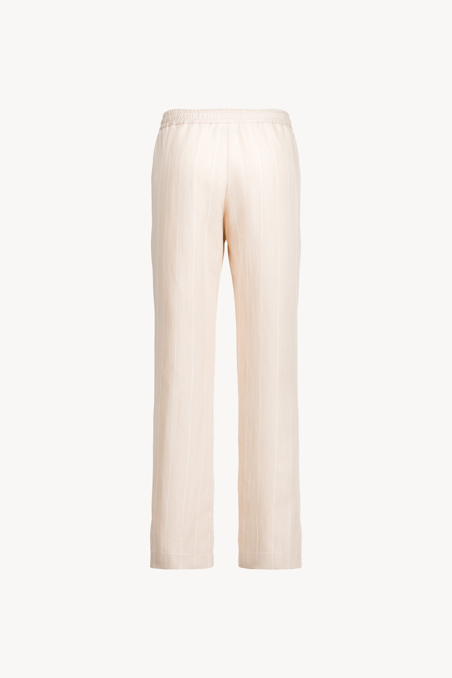 Pantalon droit en lin beige avec rayures étroites, offrant une coupe fluide et légère